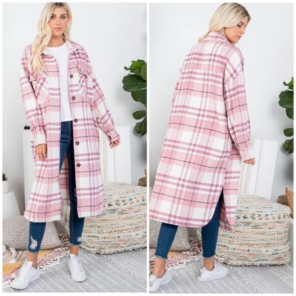 Mauve Plaid Long Shirt Jacket - Picture 1 of 8